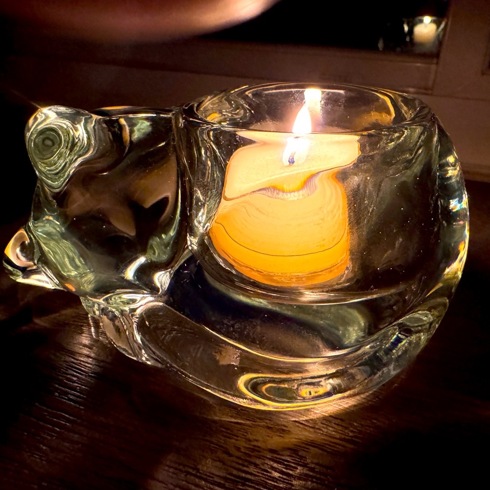SOLD Indiana Glass Clear Sleeping Cat Votive Candle Holder